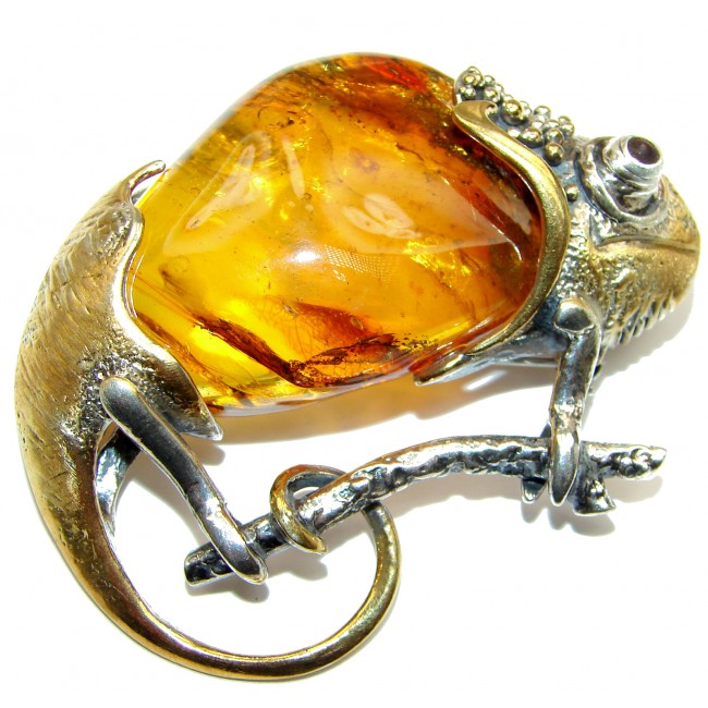 Spectacular Big Chameleon lizard Natural Baltic Amber Gold over .925 Sterling Silver handmade Pendant Pin