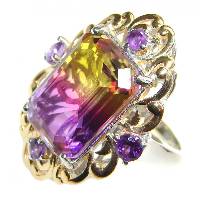 HUGE emerald cut Ametrine 18K Gold over .925 Sterling Silver handcrafted Ring s. 7 1/2
