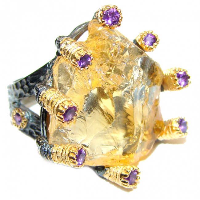 Jumbo! Vintage Style Rough Citrine.925 Sterling Silver handmade Cocktail Ring s. 6