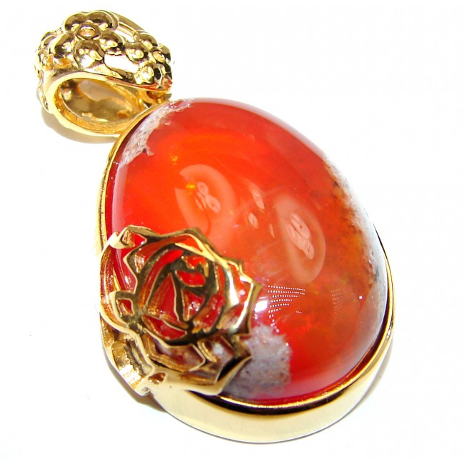Unique Design Natural Mexican Fire Opal 18K Gold over .925 Sterling Silver handmade Pendant