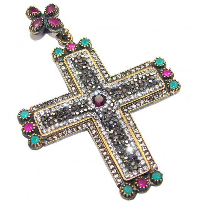 Holy Crosscreated Ruby genuine Spinel .925 Sterling Silver handmade pendant