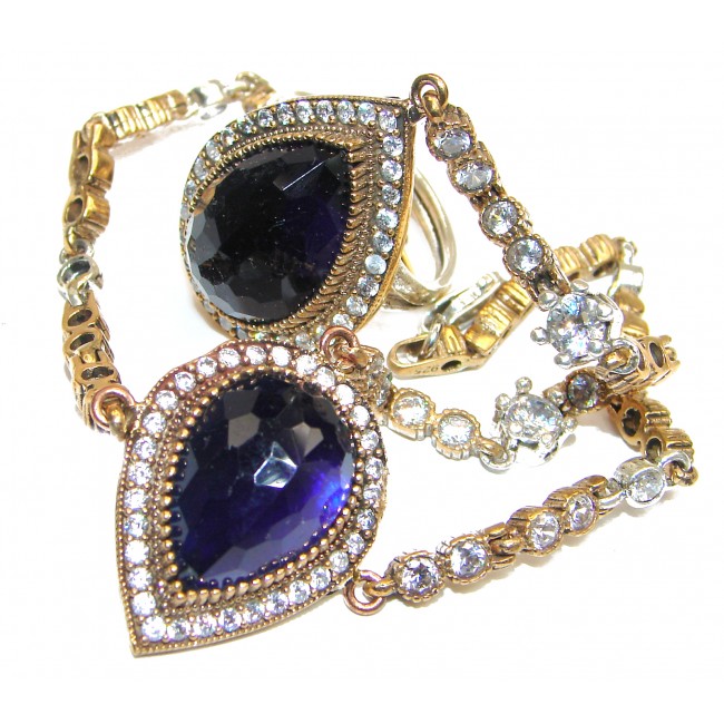 Victorian Style created Sapphire & White Topaz Sterling Silver Ring connected with Bracelet