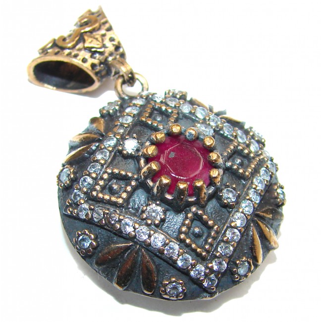 Large created Ruby 18K Gold over .925 Sterling Silver handmade Pendant