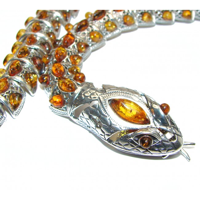 LARGE MASTERPIECE Snake authentic Baltic Amber .925 Sterling Silver brilliantly handcrafted necklace