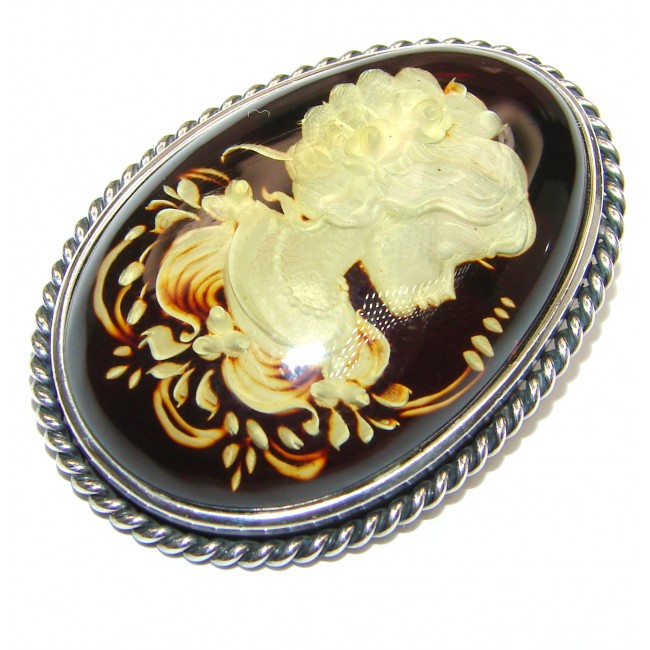 Vintage Design Cameo Polish Amber .925 Sterling Silver handmade Pendant
