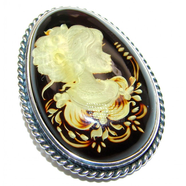 Vintage Design Cameo Polish Amber .925 Sterling Silver handmade Pendant
