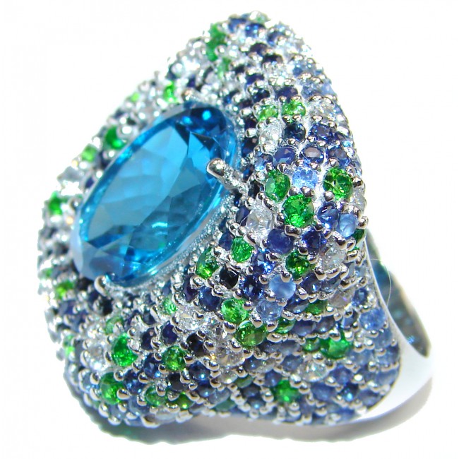 Spectacular Genuine 25ctw Swiss Blue Topaz .925 Sterling Silver handcrafted Statement Ring size 7 1/4