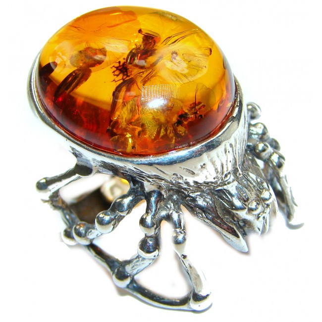 Huge Black Widow Authentic Baltic Amber .925 Sterling Silver handcrafted ring; s. 7 adjustable