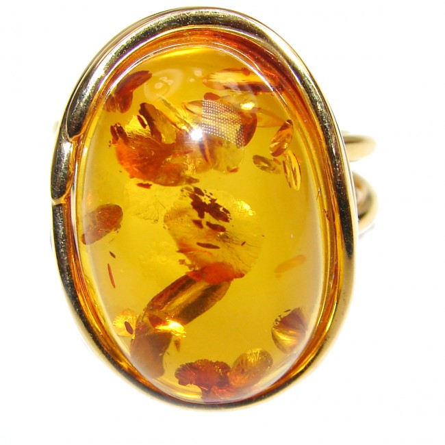 Huge Authentic Baltic Amber 18K Gold .925 Sterling Silver handcrafted ring; s. 8 adjustable