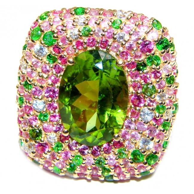 Spectacular Genuine 25ctw Peridot Tourmaline 24K Gold over .925 Sterling Silver handcrafted Statement Ring size 6 1/4
