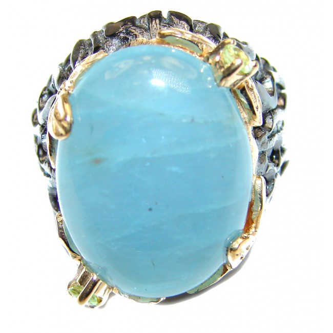 Genuine Aquamarine 14K Gold over .925 Sterling Silver handmade Cocktail Ring s. 7
