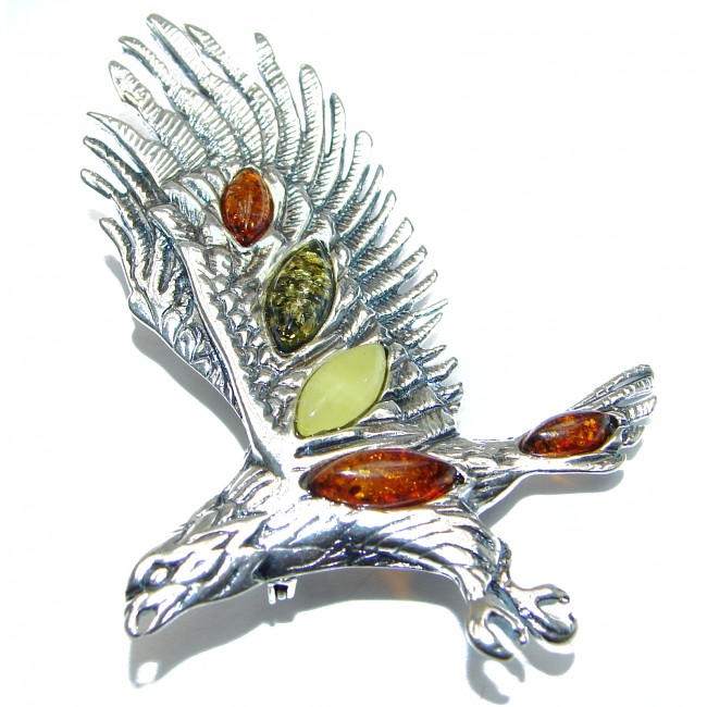 Huge Beautiful genuine Amber Eagle .925 Sterling Silver handcrafted Pendant Pin