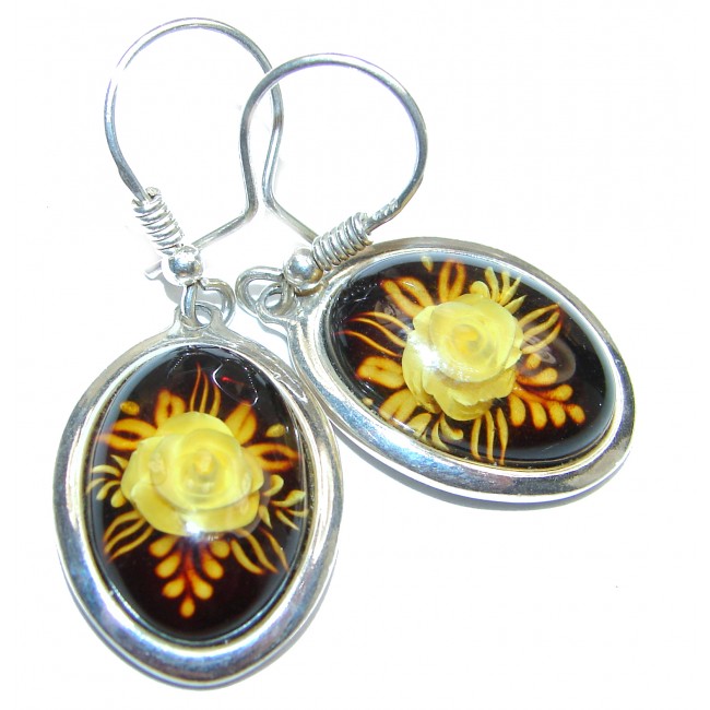 Back in time Genuine carved Baltic Polish Amber Sterling Silver handmade Earrings