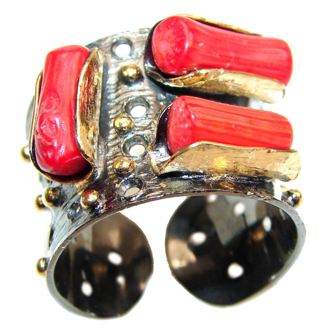 Natural Fossilized Coral 18K Gold over .925 Sterling Silver handmade ring s. 7 adjustable