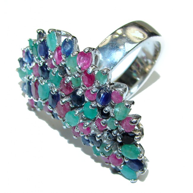 Large genuine Ruby Emerald Sapphire .925 Sterling Silver Statement ring; s. 6 3/4