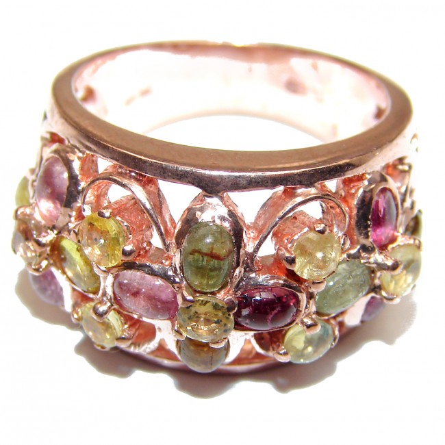 Huge Natural Watermelon Tourmaline 24K Rose Gold over .925 Sterling Silver Statement ring size 8