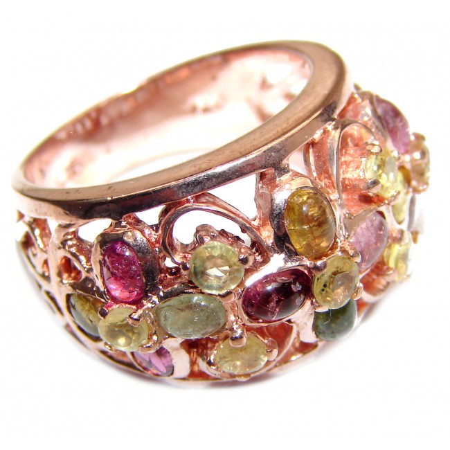 Huge Natural Watermelon Tourmaline 24K Rose Gold over .925 Sterling Silver Statement ring size 8