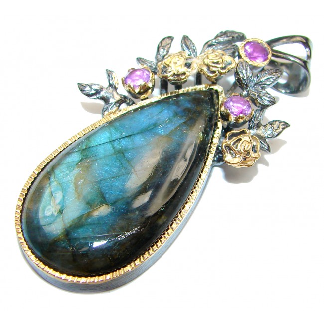 Blue Fire Labradorite 14K Gold over .925 Sterling Silver handcrafted Pendant