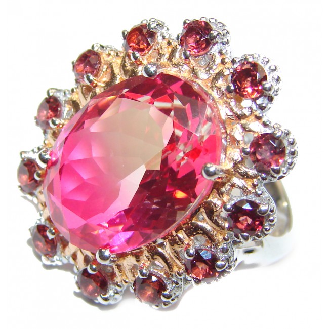HUGE Top Quality Magic Volcanic Pink Topaz 18K Gold over .925 Sterling Silver handcrafted Ring s. 7