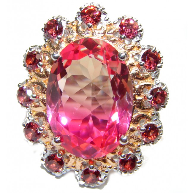 HUGE Top Quality Magic Volcanic Pink Topaz 18K Gold over .925 Sterling Silver handcrafted Ring s. 7