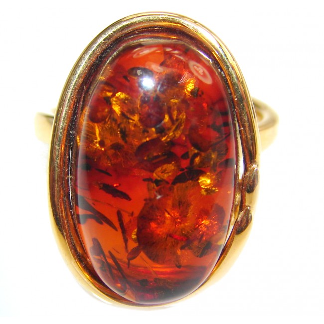 Huge Authentic Baltic Amber 18K Gold .925 Sterling Silver handcrafted ring; s. 7 adjustable
