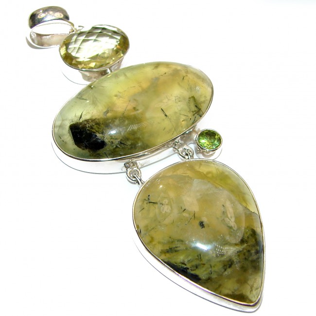 Large Best quality Natural Moss Prehnite .925 Sterling Silver handmade Pendant