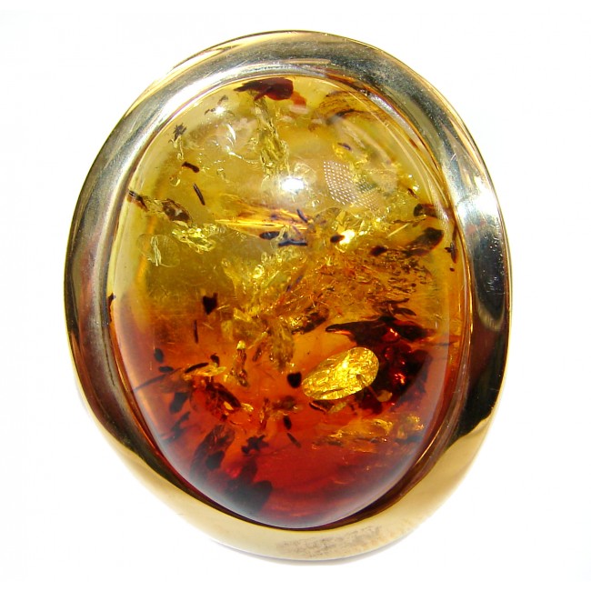 Huge Authentic Baltic Amber 14K Gold .925 Sterling Silver handcrafted ring; s. 8 adjustable