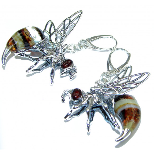 Wonderful Large Honey Bees Baltic Mosaic Amber .925 Sterling Silver entirely handcrafted earrings