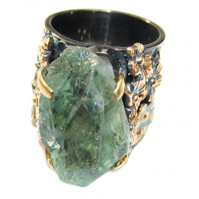 Huge Natural Rough Green Amethyst 14K Gold over .925 Sterling Silver handmade Statement Ring s. 6
