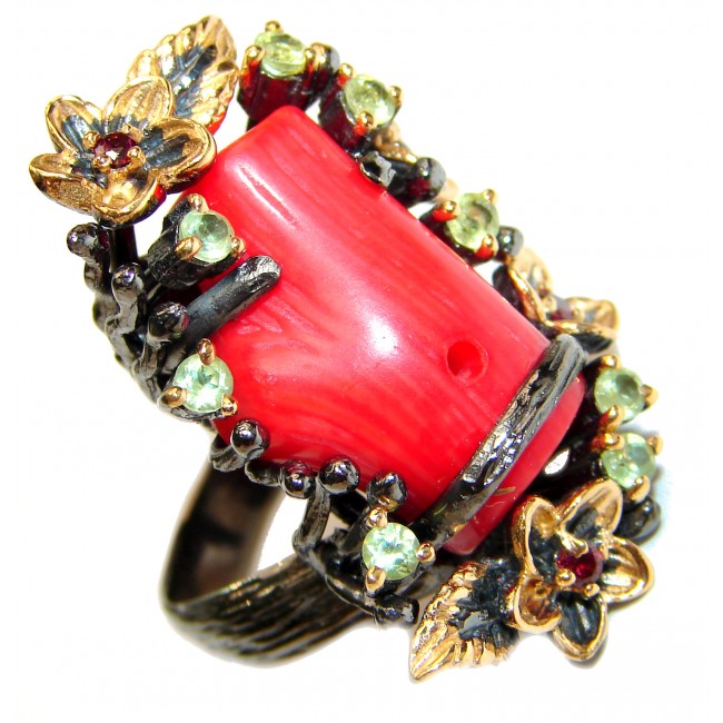 Natural Fossilized Coral 18K Gold over .925 Sterling Silver handmade ring s. 8