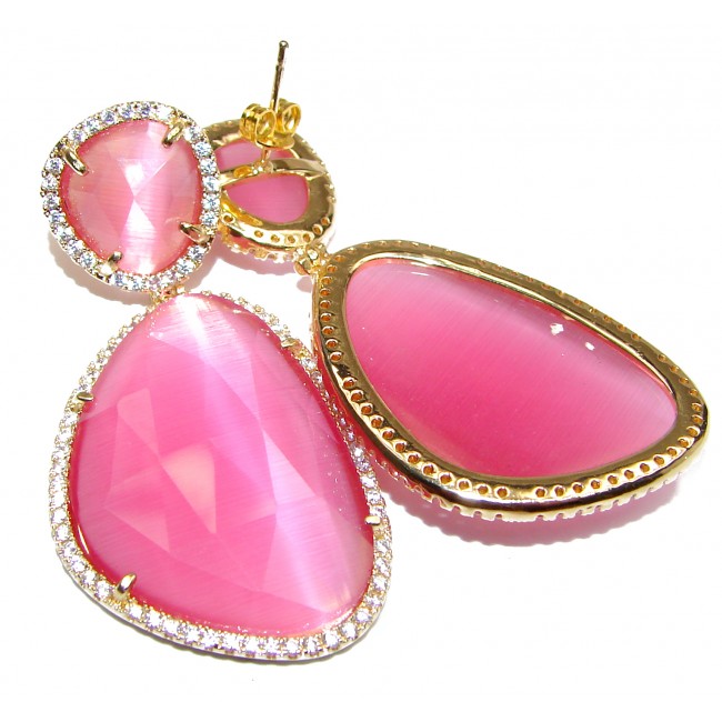 Large Very Unique Pink Cats Eye 14K Gold over .925 Sterling Silver earrings
