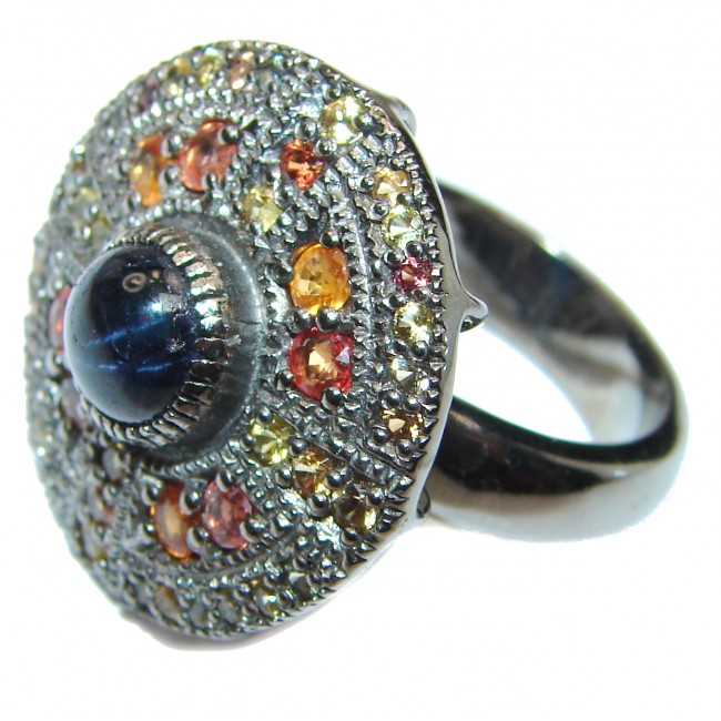 Vintage Style Sapphire Tourmaline black rhodium over .925 Sterling Silver handcrafted ring; s. 7 3/4