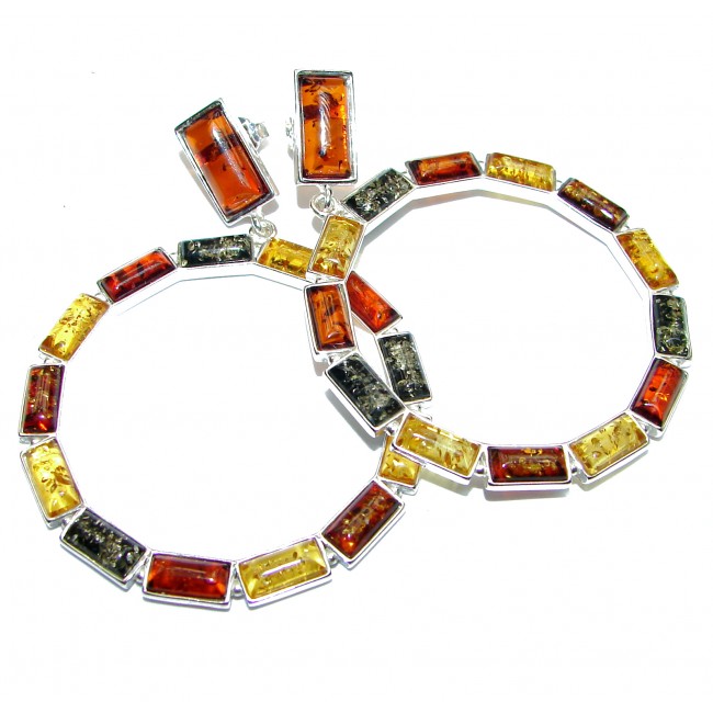 LARGE! Polish Baltic Mosaic Amber Handcrafted .925 Sterling Silver entirely handcrafted earrings