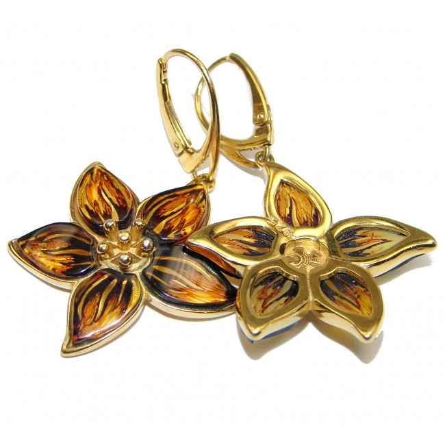 Masterpiece Genuine carved Baltic Amber 18K Gold over .925 Sterling Silver Earrings