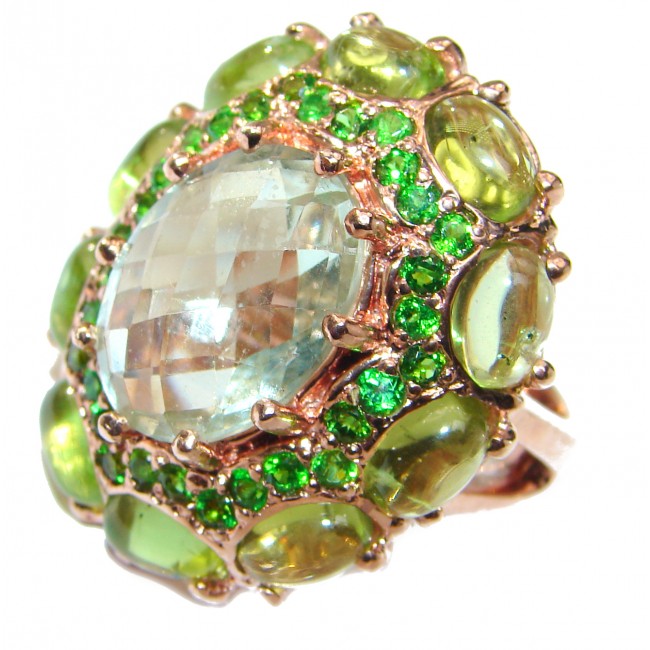 Huge Natural Green Amethyst 18K Gold over .925 Sterling Silver handcrafted ring size 8 1/4