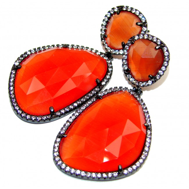 Large Very Unique Orange Cats Eye black rhodium .925 Sterling Silver earrings