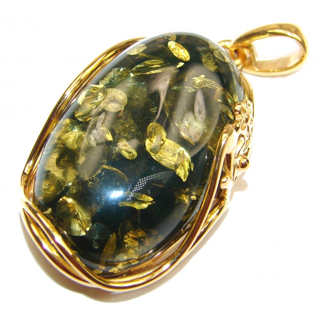 Natural Baltic Green Amber 14K Gold over .925 Sterling Silver handmade Pendant