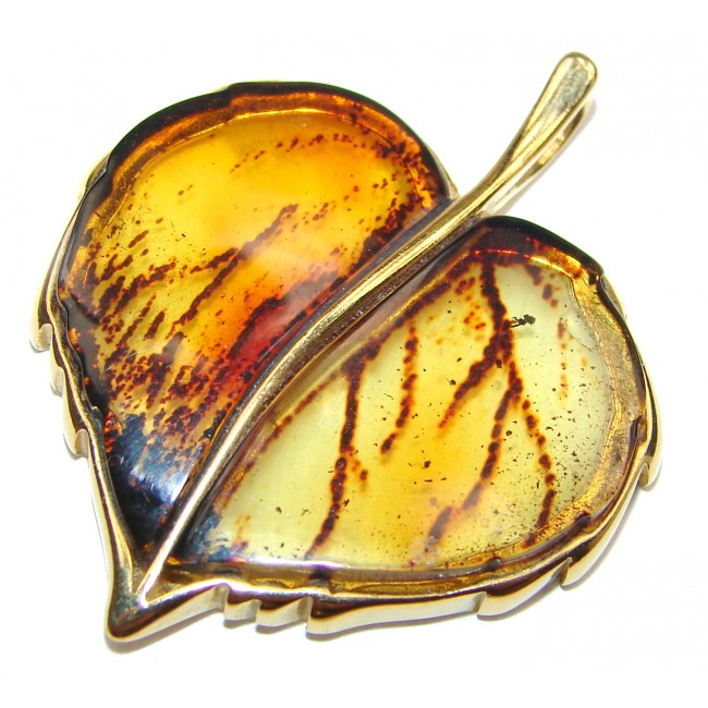 Golden LEAF natural carved Baltic Amber 14K Gold over .925 Sterling Silver handmade Pendant