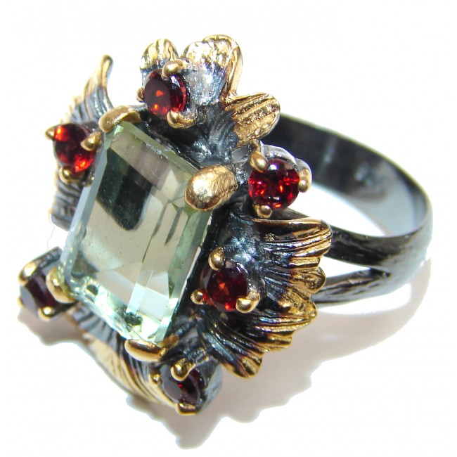 Spectacular Natural Green Amethyst 18K Gold over .925 Sterling Silver handcrafted ring size 7 adjustable