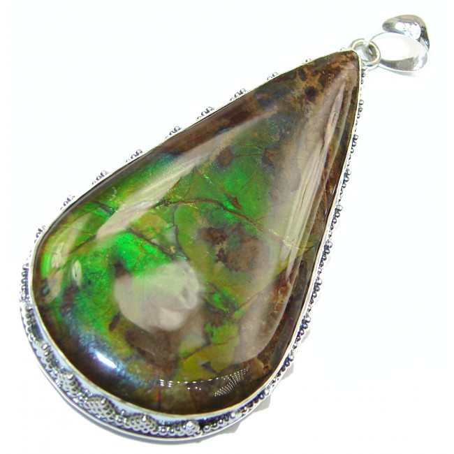 Large One of the kind genuine Canadian Ammolite .925 Sterling Silver handcrafted Pendant
