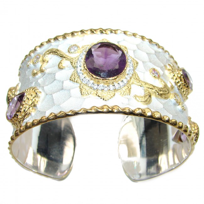 Protective Stone Bracelet with authentic Amethyst & Diamonds 24K gold and Silver in Antique White Patina