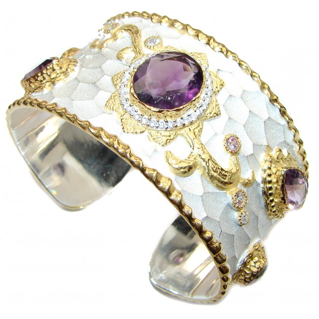 Protective Stone Bracelet with authentic Amethyst & Diamonds 24K gold and Silver in Antique White Patina