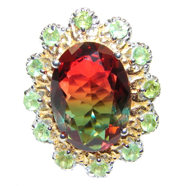 HUGE Watermelon Tourmaline color Topaz 18K Gold over .925 Sterling Silver handcrafted Ring s. 6 1/4