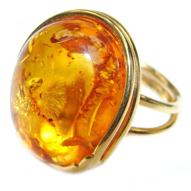 Genuine Baltic Amber 14K Gold over .925 Sterling Silver handmade Ring size 8 adjustable