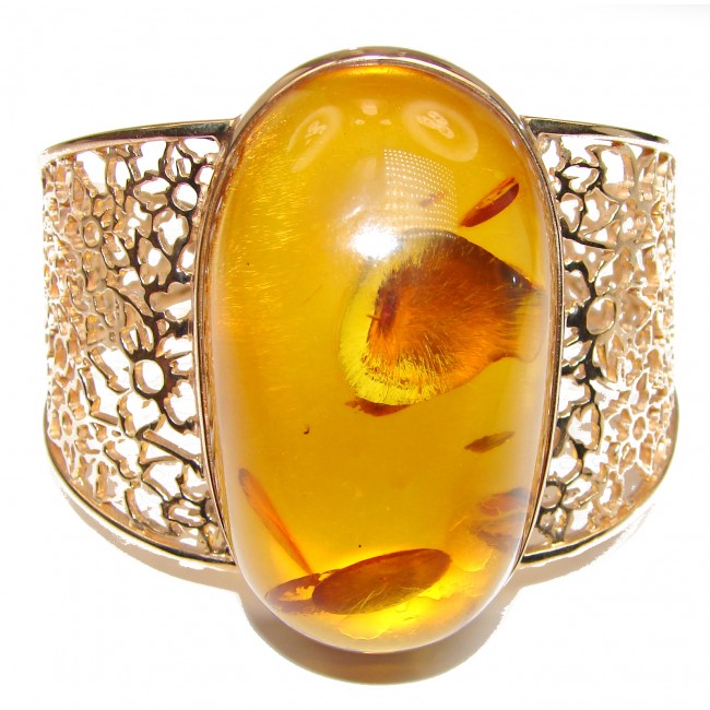 One of the kind Huge genuine Amber 18K Gold over .925 Sterling Silver handmade Bracelet / Cuff