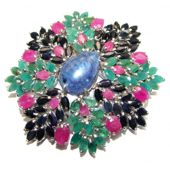 Vintage style Beauty genuine Sapphire Emerald Ruby .925 Sterling Silver handmade LARGE Pendant - Brooch