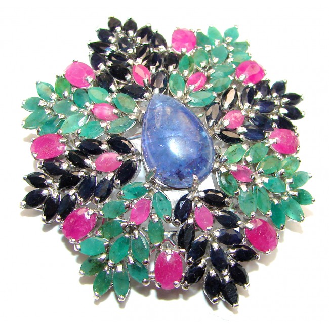 Vintage style Beauty genuine Sapphire Emerald Ruby .925 Sterling Silver handmade LARGE Pendant - Brooch