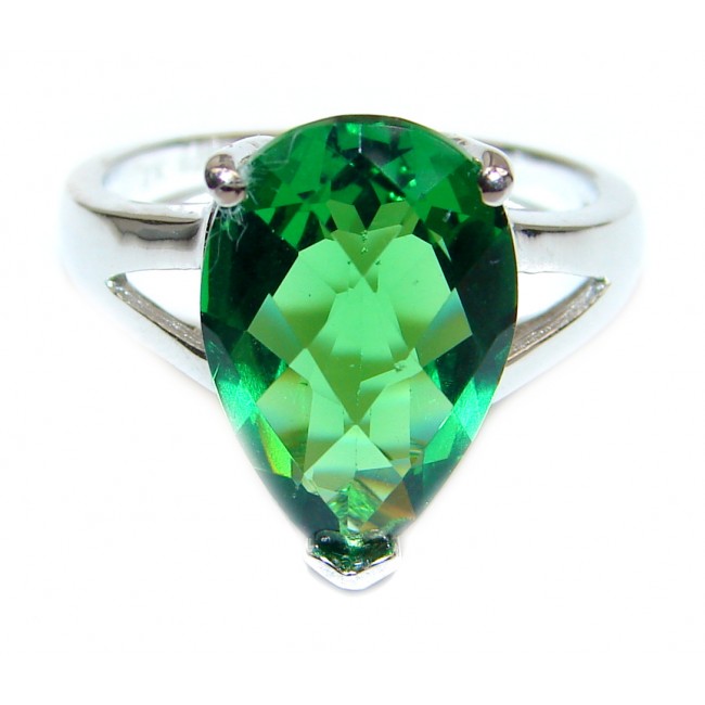 Authentic volcanic pear cut Green Helenite .925 Sterling Silver ring s. 7