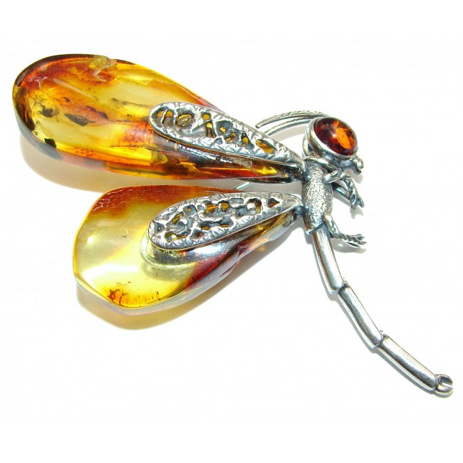 LARGE Dragonfly Baltic Polish Amber .925 Sterling Silver handcrafted Pendant / Brooch