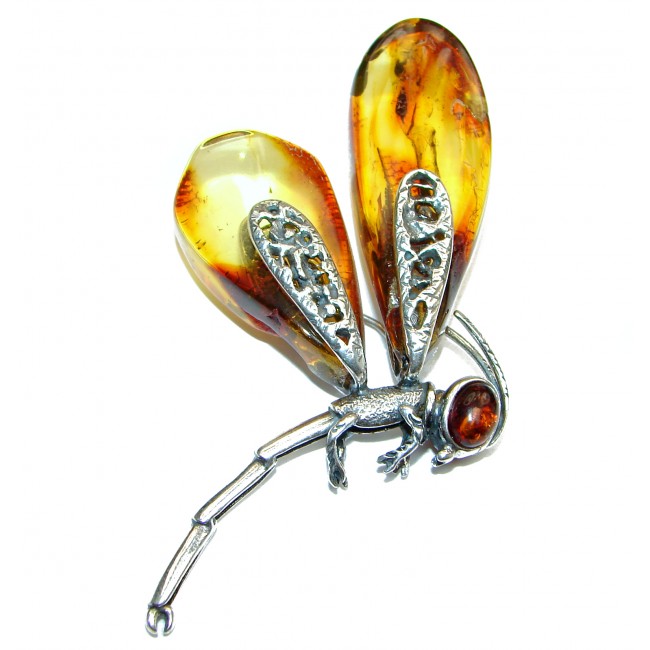 LARGE Dragonfly Baltic Polish Amber .925 Sterling Silver handcrafted Pendant / Brooch